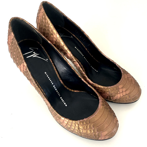 Giuseppe Zanotti Embossed Snakeskin Pump Python Bronze Round Toe Slim Heel 35.5 - Picture 2 of 13
